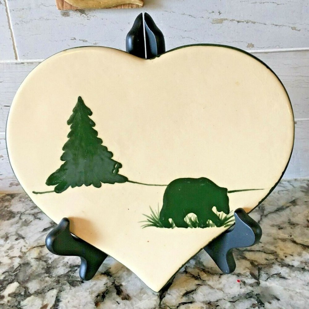 East Texas Pottery Heart Trivet Rustic Lodge Bear Pine Tree Marshall TX USA